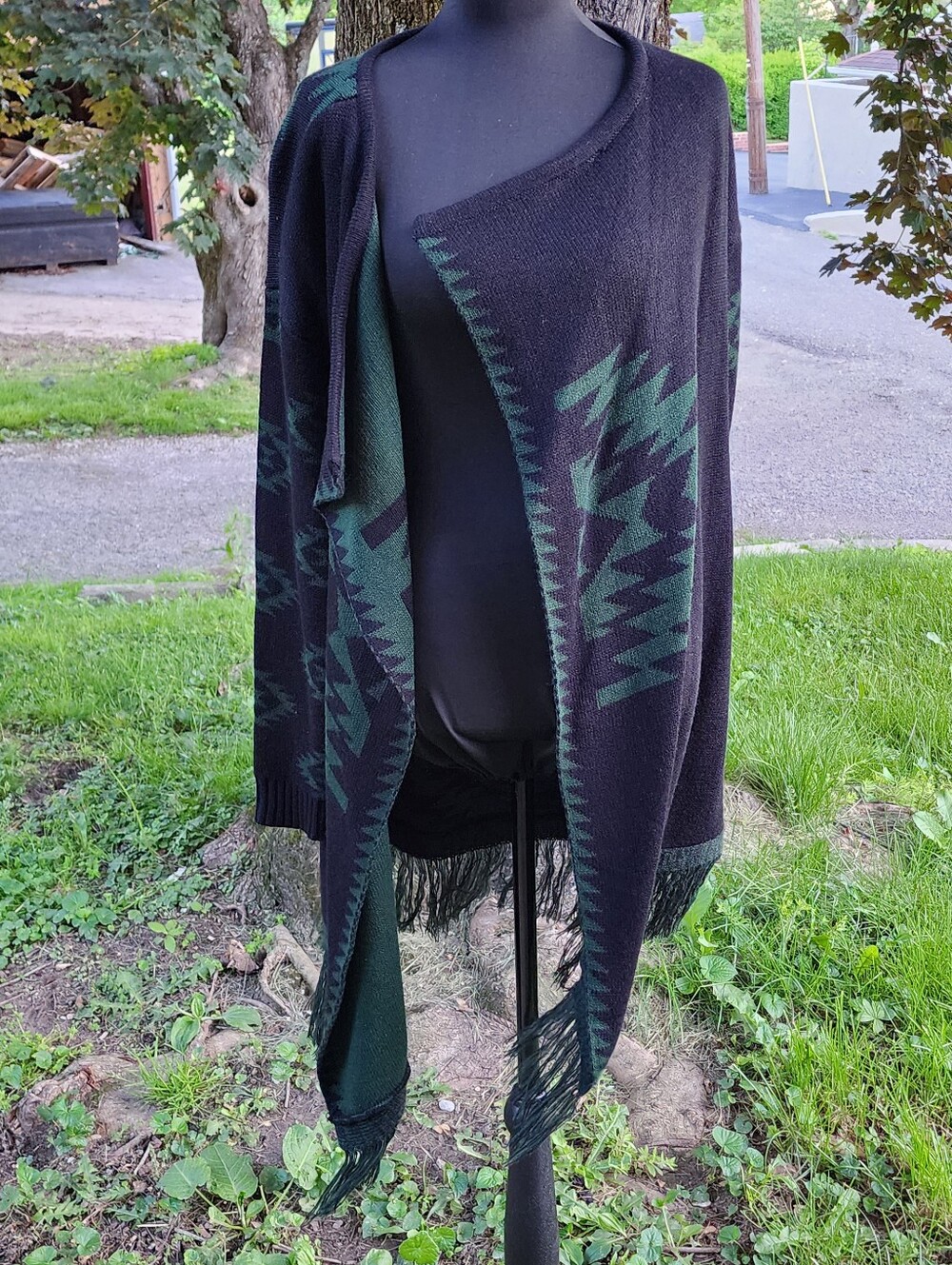 Womens Tribal Print Fringe Shawl Cardigan Bohemian Wrap Small